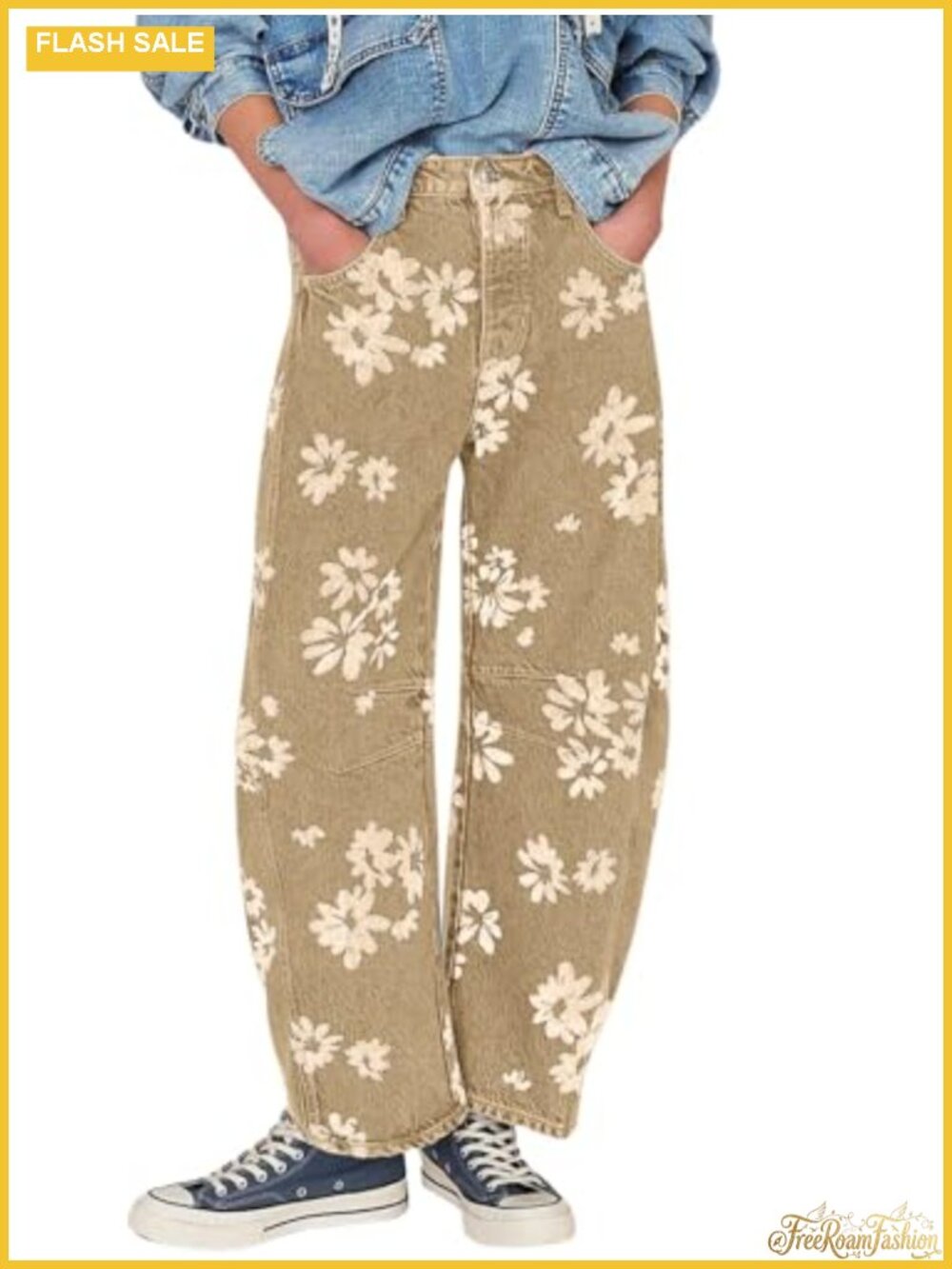 Y2K Wide Leg Barrel Jeans Baggy Patchwork Floral Denim Pants Women Mid Rise
